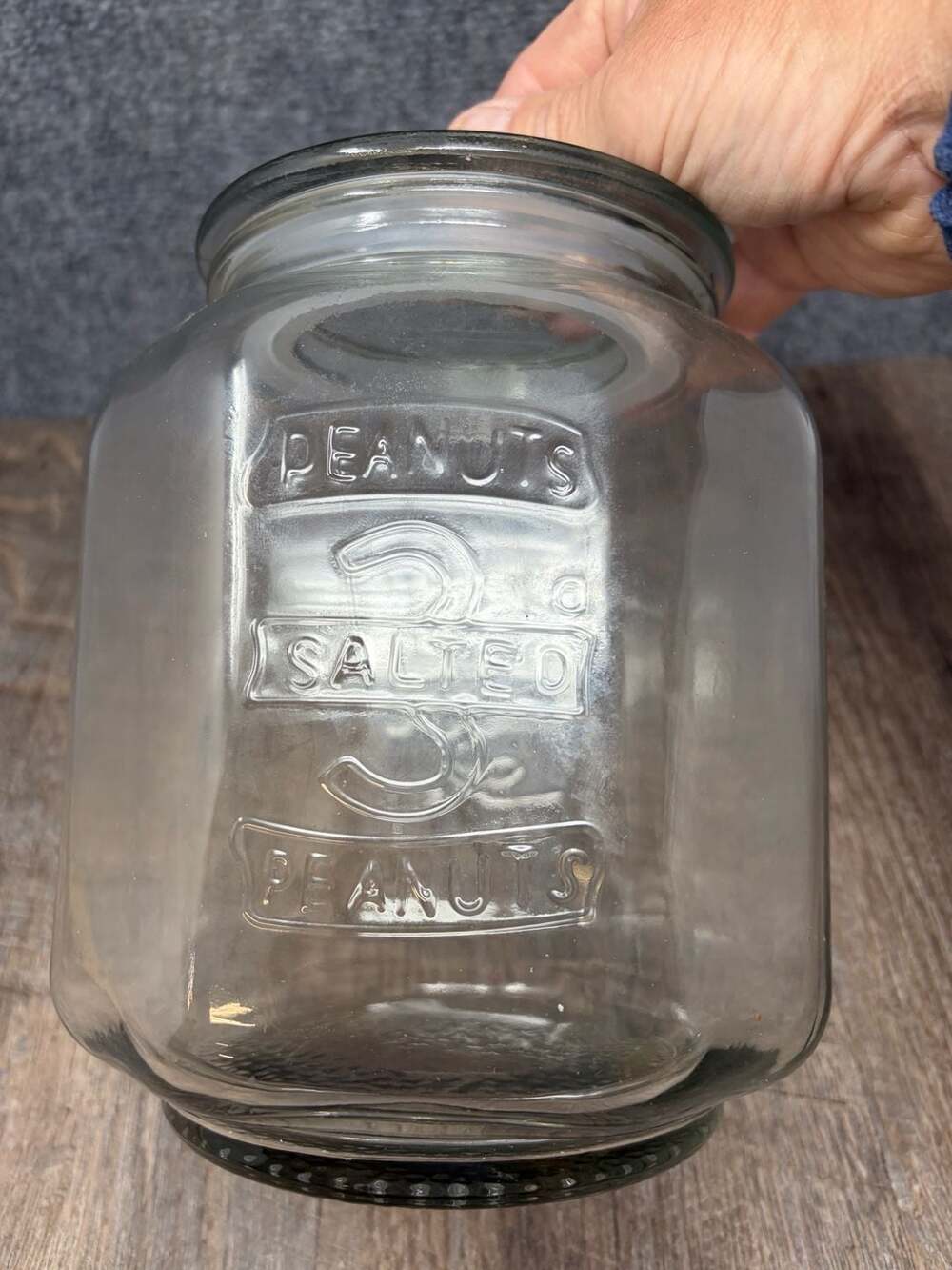 VTG Planters Peanuts 3 Cent Salted Peanuts Embossed Octagonal Glass Advert Jar